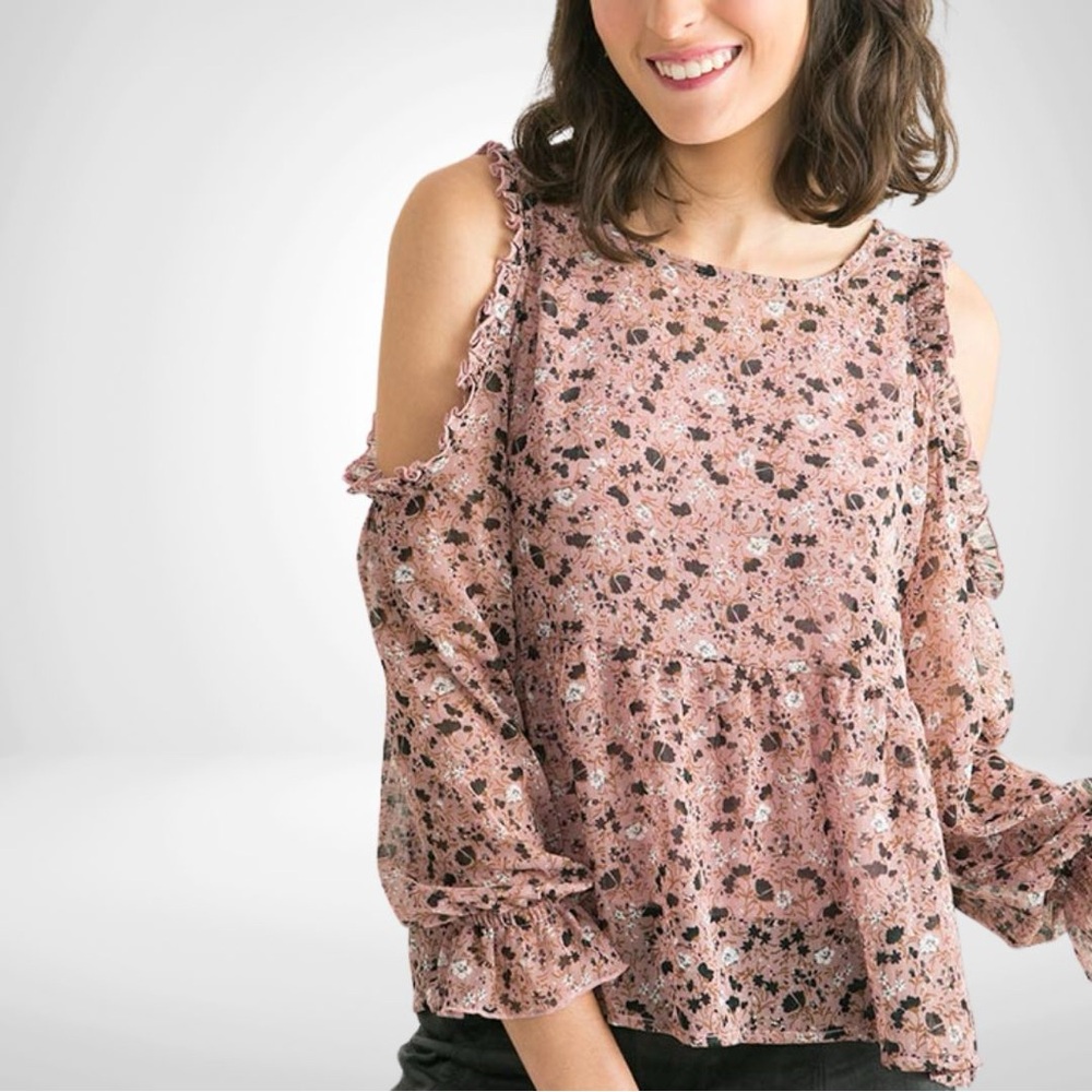 American Eagle AEO Dusty Pink Floral Print Cold Shoulder Blouse, Medium